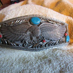 Large Silver Eagle Belt Buckle w/turquoise/coral